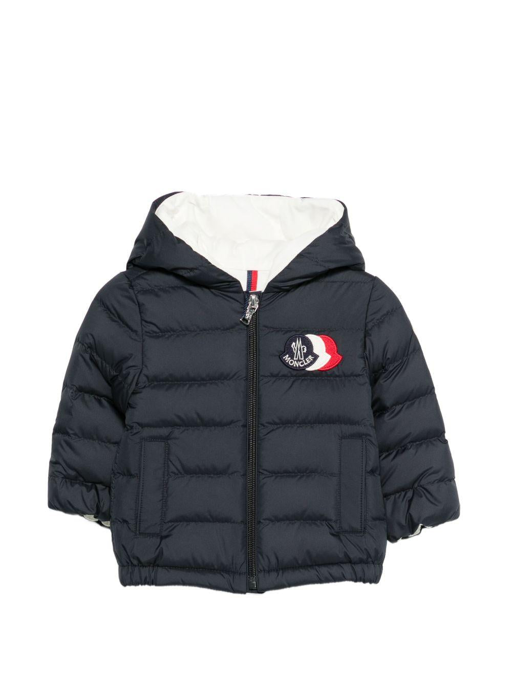 Giubbino per neonato Moncler Enfant blu scuro con cappuccio - Rubino Kids
