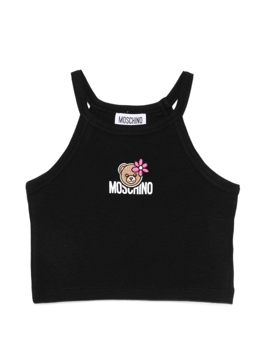 Top per bambina Moschino Kids nero con ricamo Teddy Bear HDM06ZLBA39 60100 MOSCHINO KIDS
