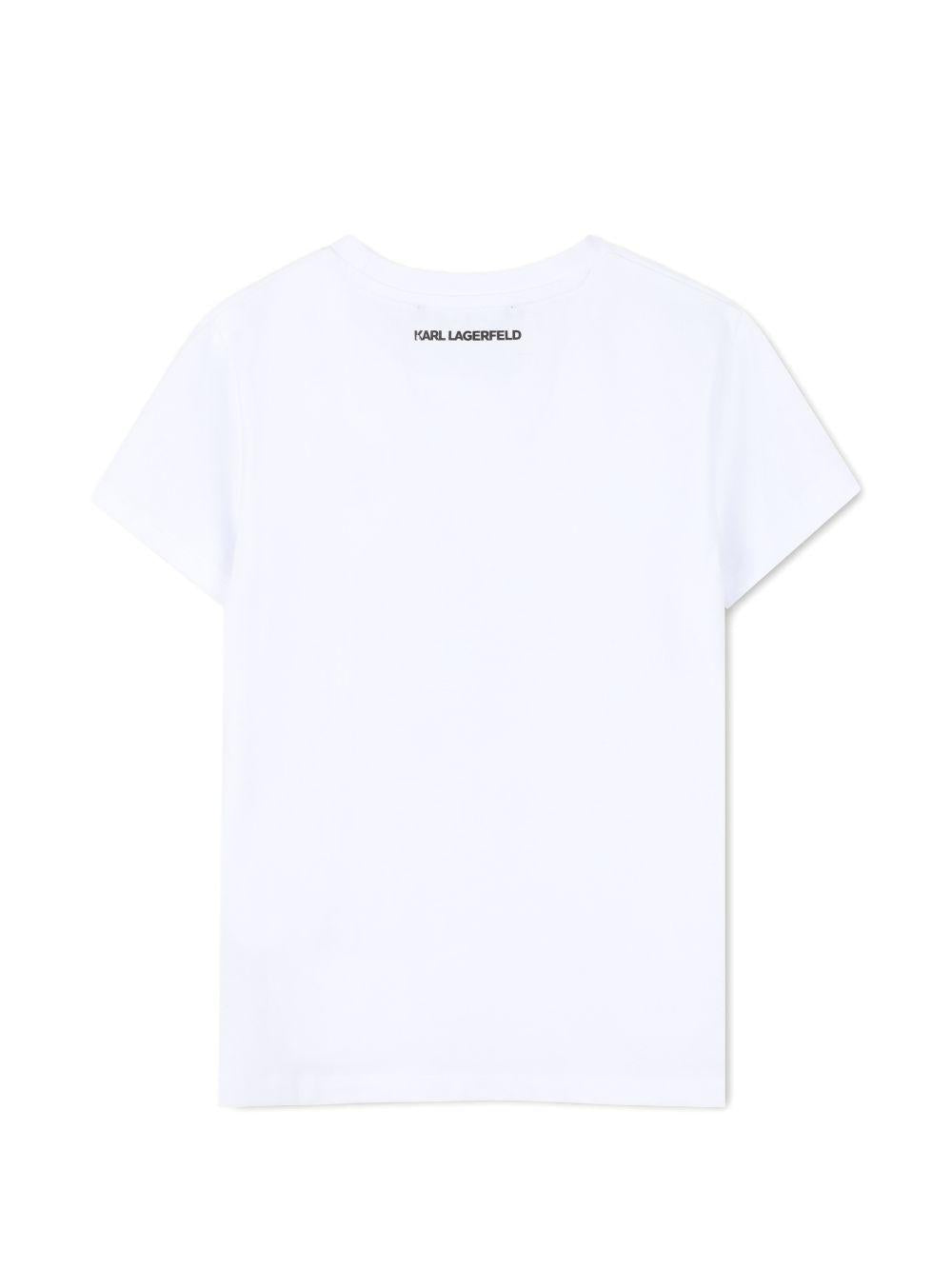 T-shirt per bambina Karl Lagerfeld Kids bianca con stampa Karl e Choupette sul davanti Z31157 10P KARL LAGERFELD KIDS