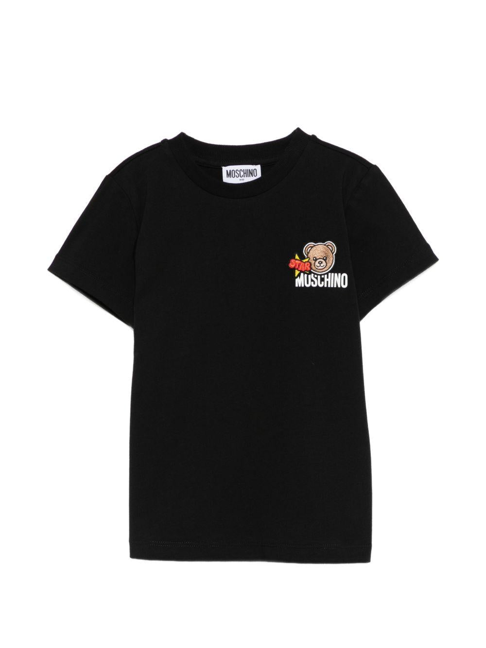 T-shirt per bambini Moschino Kids nera con ricamo Teddy Bear HTM058LAA24 60100 MOSCHINO KIDS