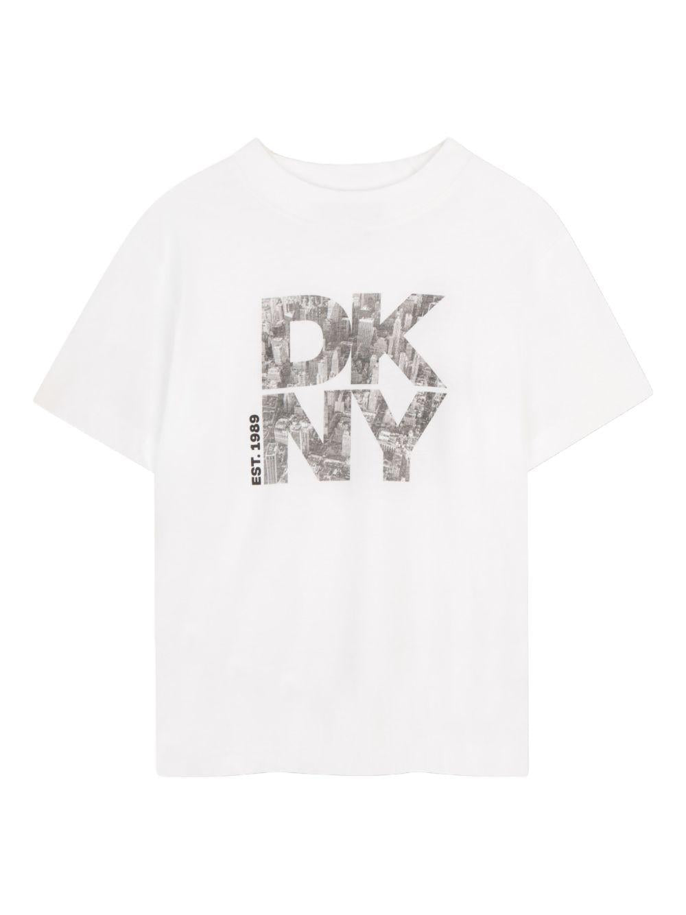 T-shirt per bambino DKNY Kids bianca con stampa logo sul davanti D62543 10P DKNY
