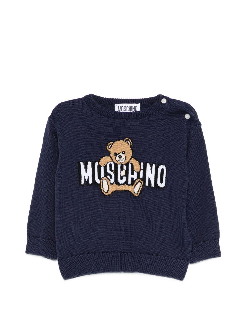 Maglione per neonato Moschino Kids blu con Teddy ricamato sul davanti M8W00JLHE62 40016 MOSCHINO KIDS