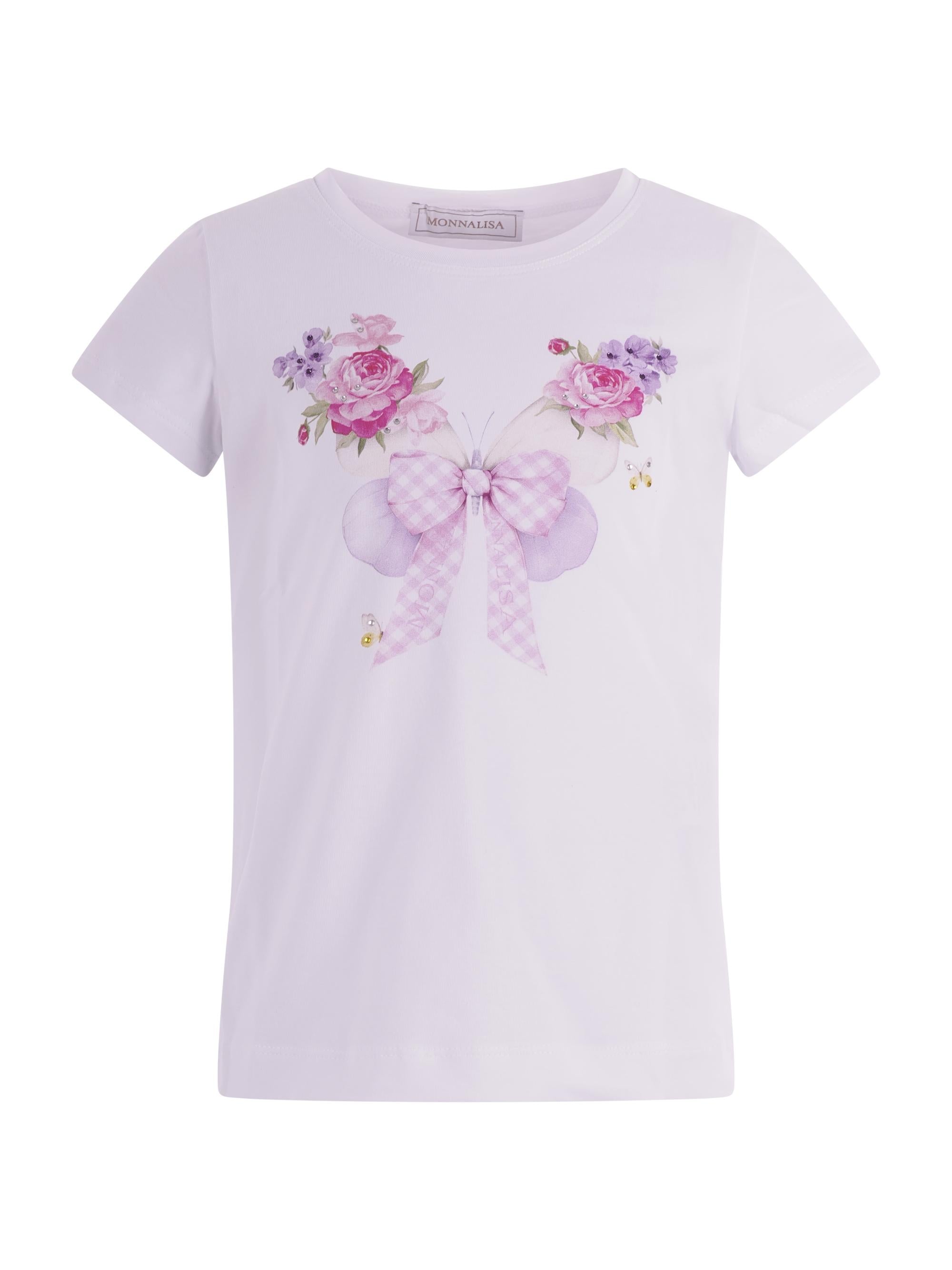T-shirt per bambina Monnalisa bianca con stampa farfalle sul davanti 11G603 7201 0099 MONNALISA