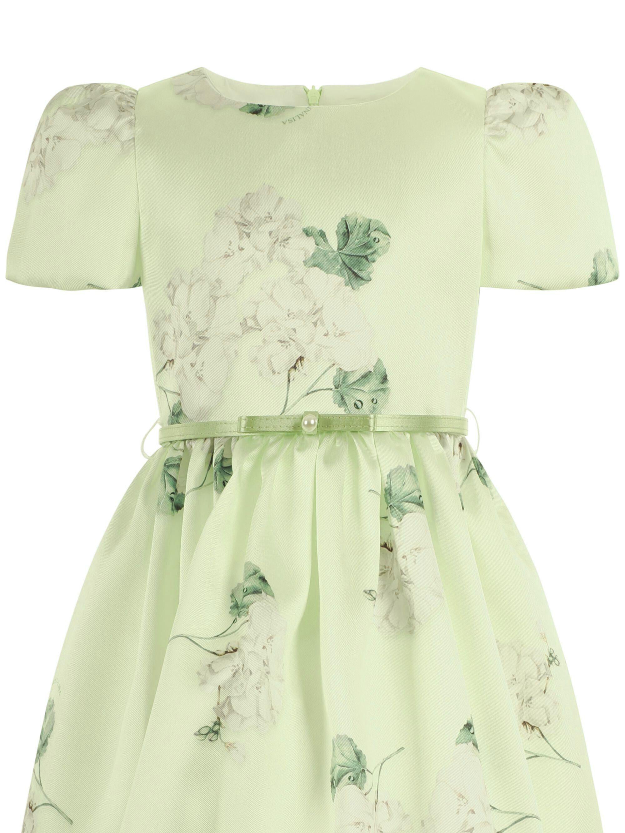 Abito per bambina Monnalisa verde con stampa grafica a fiori con cintura 71G907 7650 0020 MONNALISA