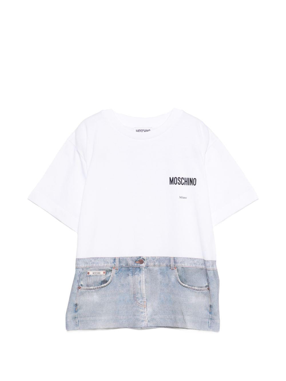 T-shirt per bambino Moschino Kids bianca con stampa denim H7M05GLAA02 10101 MOSCHINO KIDS