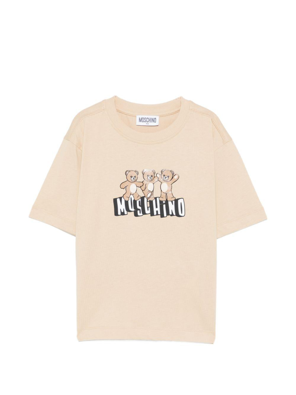 T-shirt per bambini Moschino Kids beige con stampa tre Teddy Bear HUM05PLAA23 20829 MOSCHINO KIDS