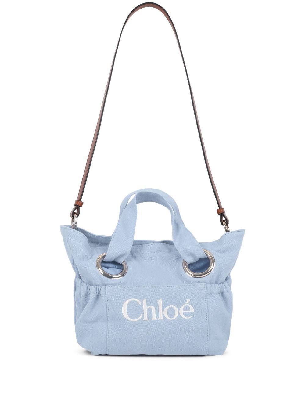 Borsa tote per bambina Chloé Kids azzurra con logo ricamato sul davanti C20872 821 CHLOE' KIDS