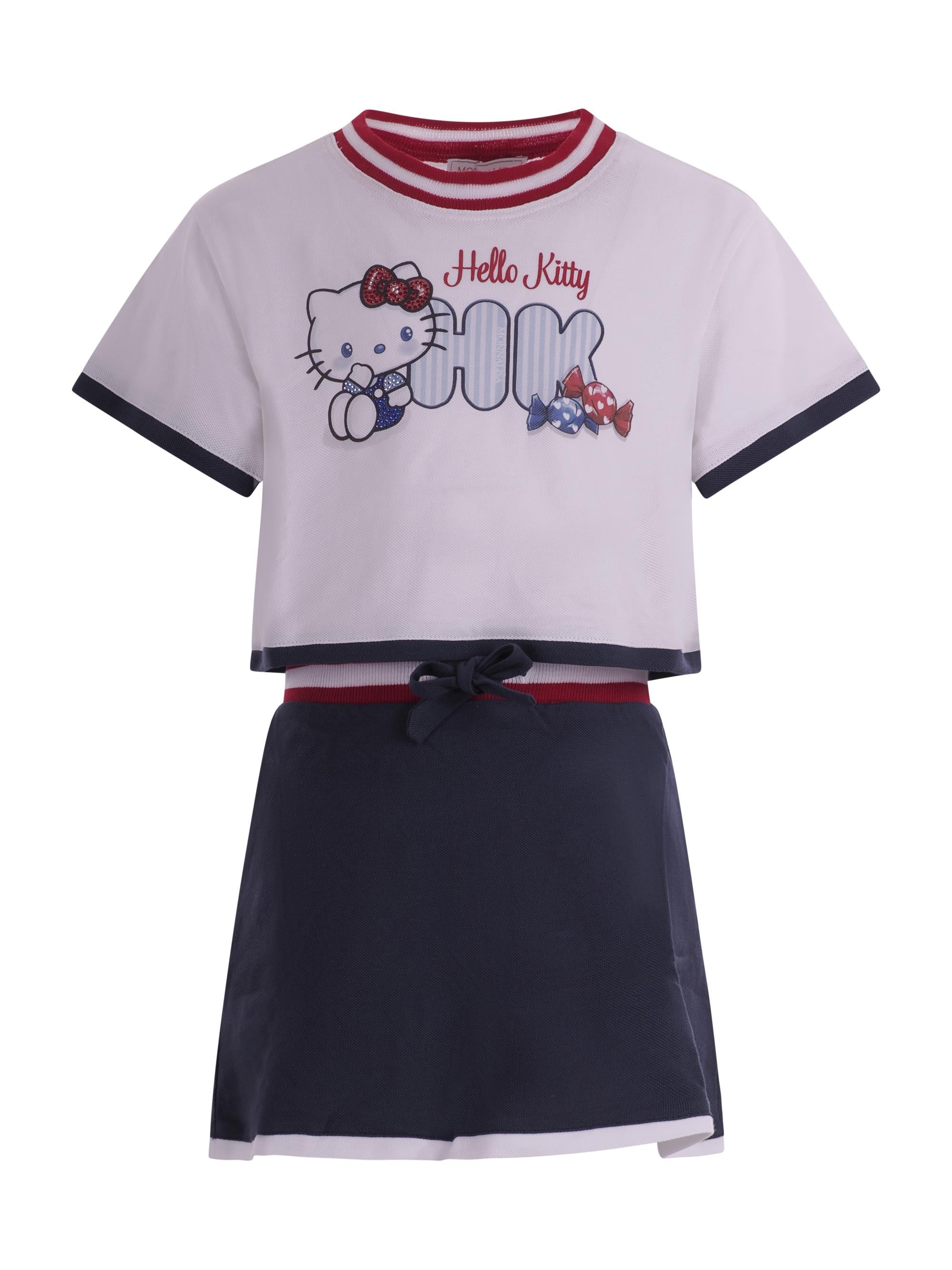 Set due pezzi t-shirt gonna plissettata per bambina Monnalisa blu con stampa grafica sul davanti 19G502 7006 9956 MONNALISA