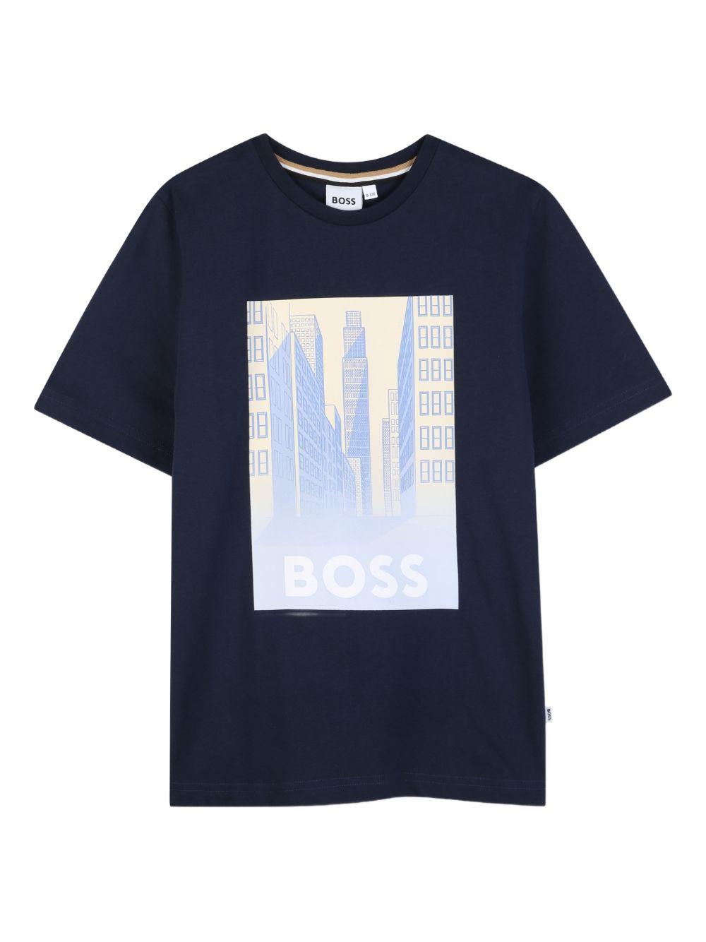 T-shirt per bambino Boss Kids blu con stampa grafica J52977 849 BOSS KIDS