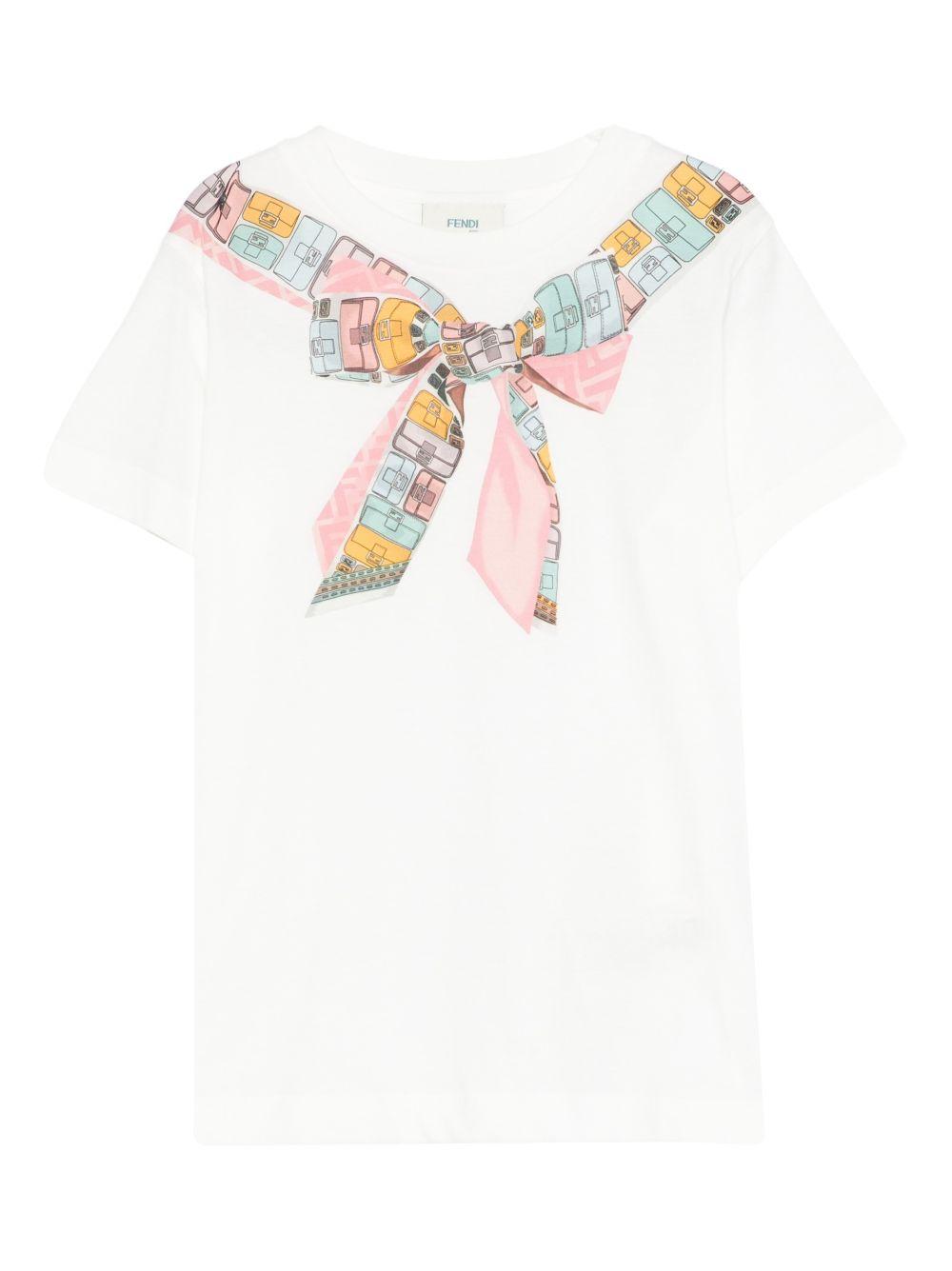 T-shirt per bambina Fendi Kids bianca con stampa fiocco sul davanti JFI391 7AJ F0TU9 FENDI KIDS