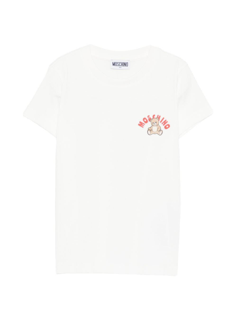 T-shirt per bambini Moschino Kids bianca con stampa Teddy Bear sul davanti HWM058LAA01 10063 MOSCHINO KIDS