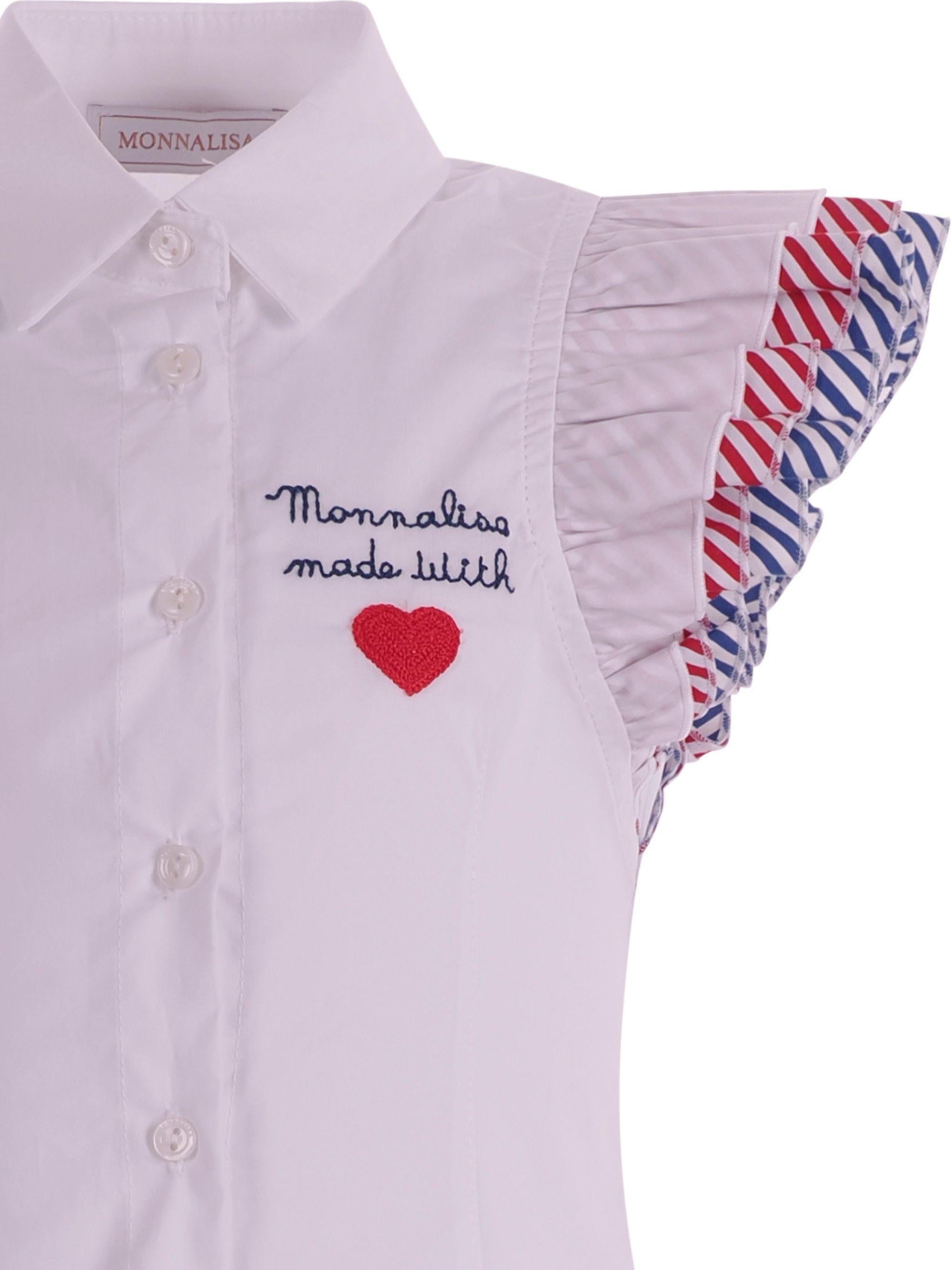 Camicia per bambina Monnalisa bianca con maniche a righe con ruches 11G300 7116 0099 MONNALISA