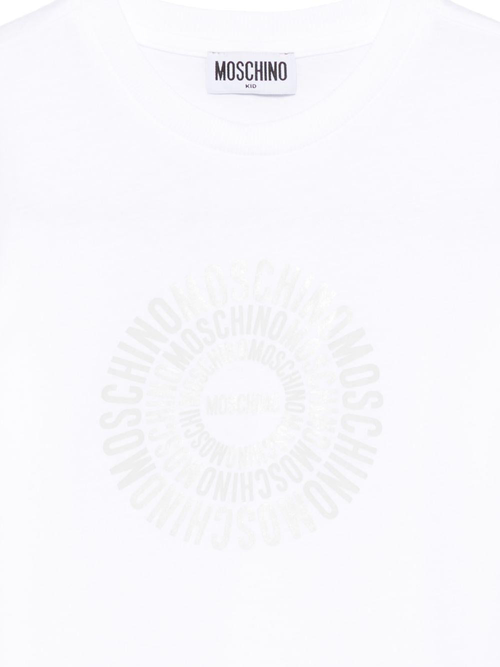 T-shirt per bambini Moschino Kids bianca con logo a spirale sul davanti HXM058LAA02 10101 MOSCHINO KIDS