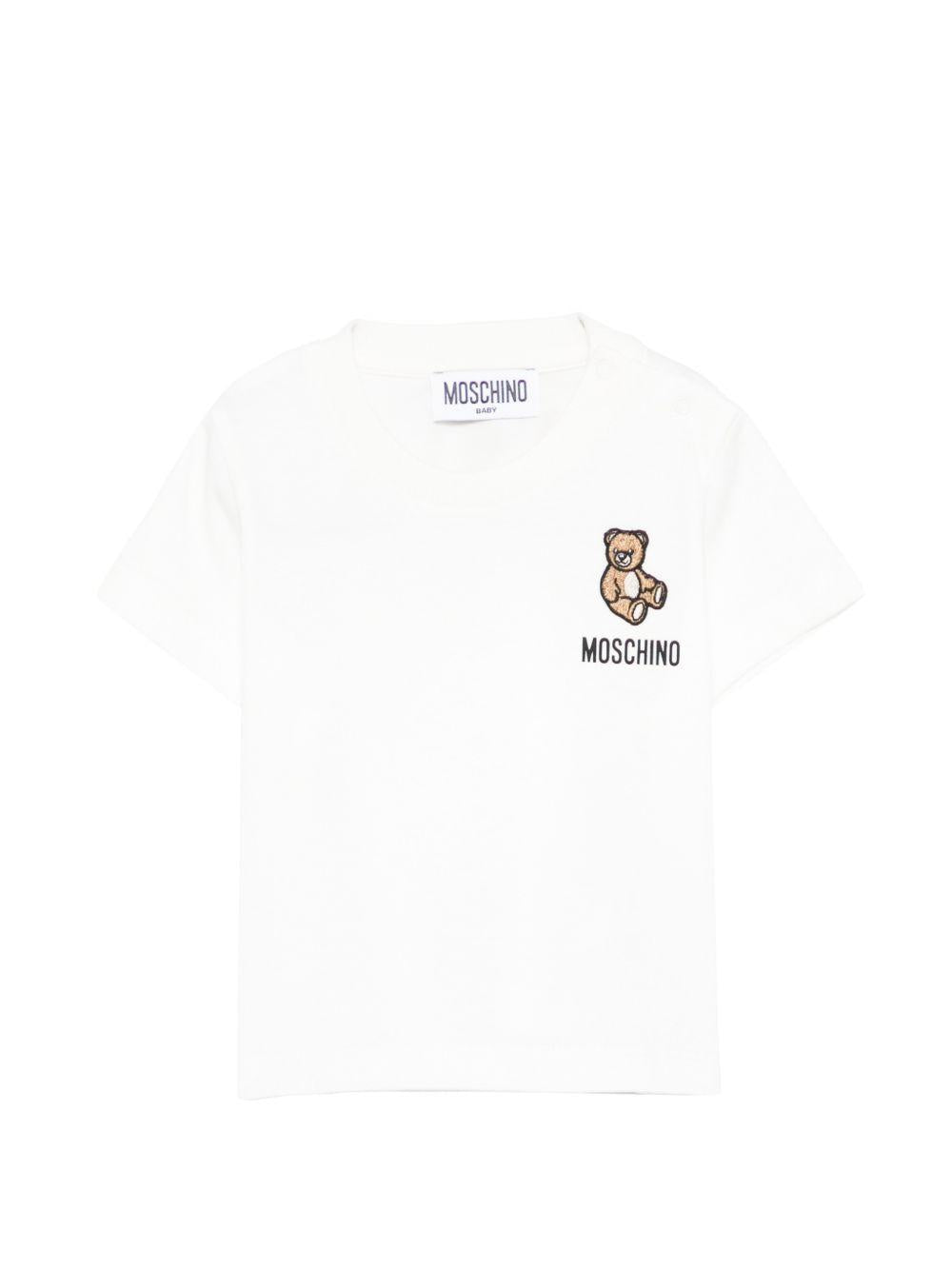 T-shirt per neonati Moschino Kids bianca con ricamo orsetto MUM04TLAA02 10063 MOSCHINO KIDS