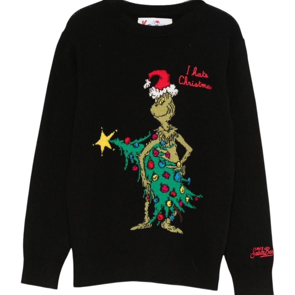 Maglione per bambino MC2 Saint Barth Kids nero con ricamo Grinch sul davanti DOU0001 02490I MC2 ST. BARTH KIDS