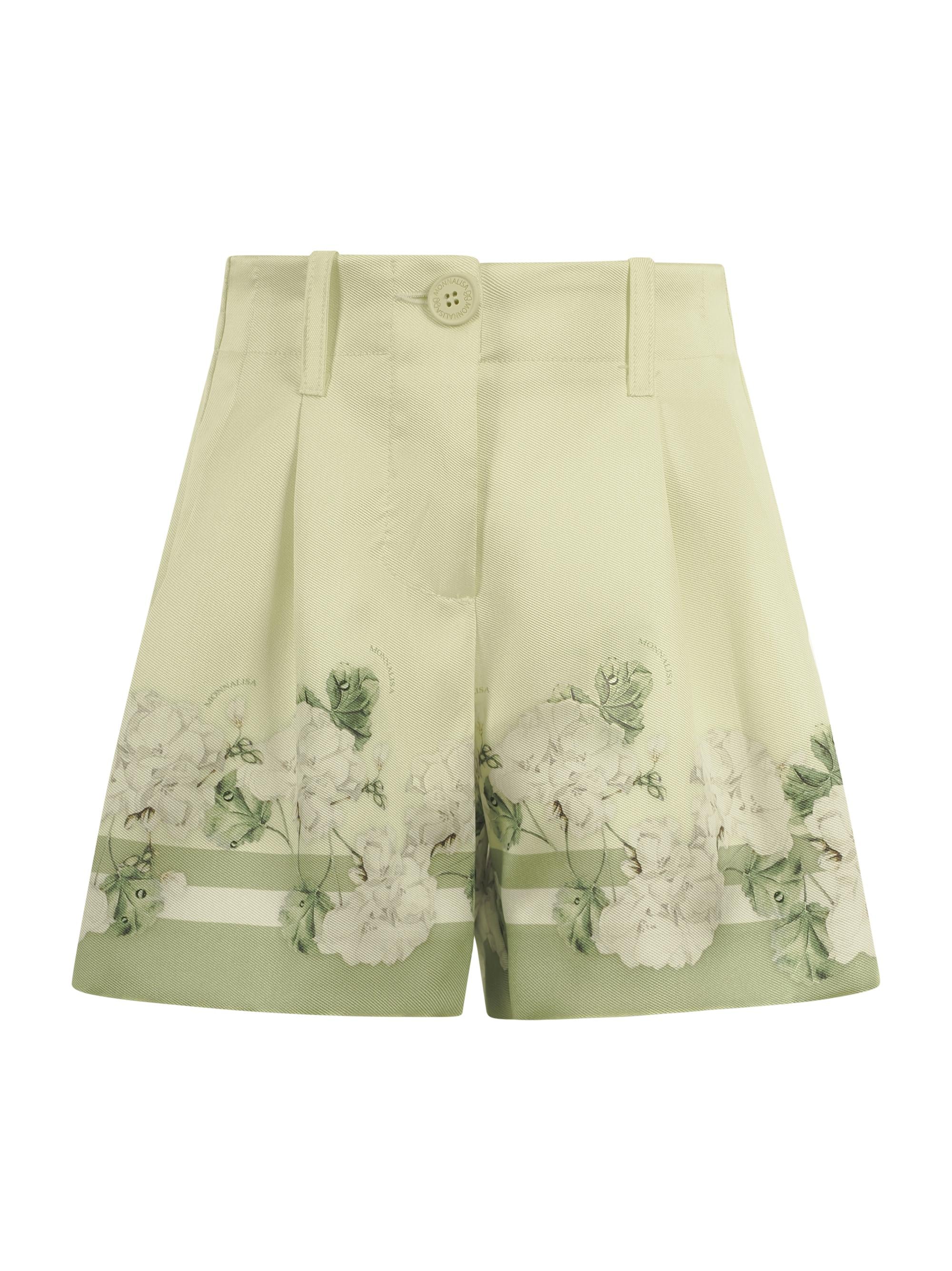 Shorts per bambina Monnalisa verde chiaro con stampa grafica a fiori 71G405 7651 0020 MONNALISA