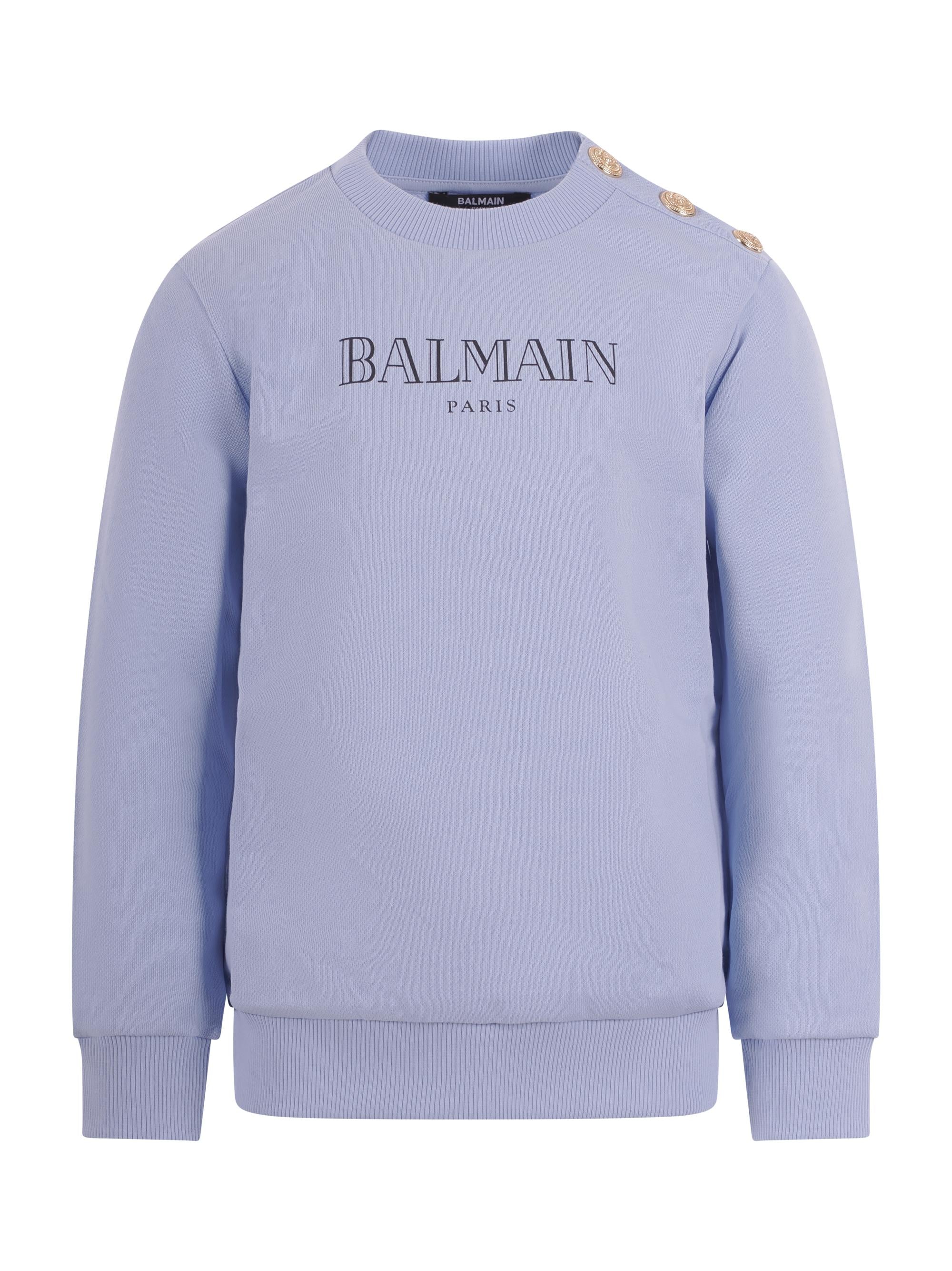 Felpa per bambino Balmain Kids azzurra con logo sul davanti BY4P20 Z3183 652NE BALMAIN KIDS