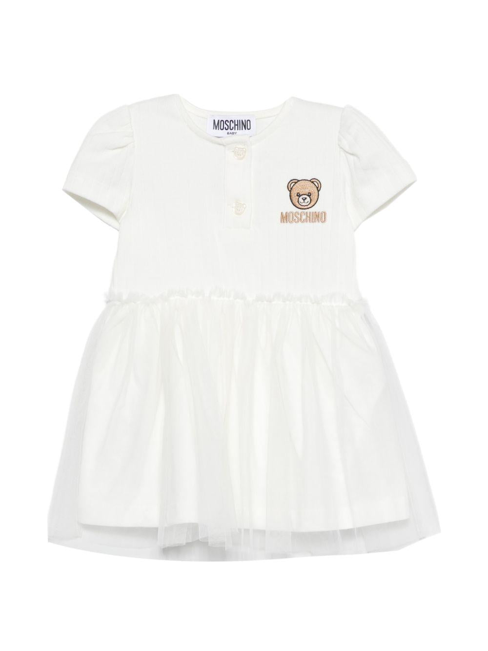Abito per neonata Moschino Kids bianco con ricamo Teddy Bear MDV0DBLAA55 10063 MOSCHINO KIDS