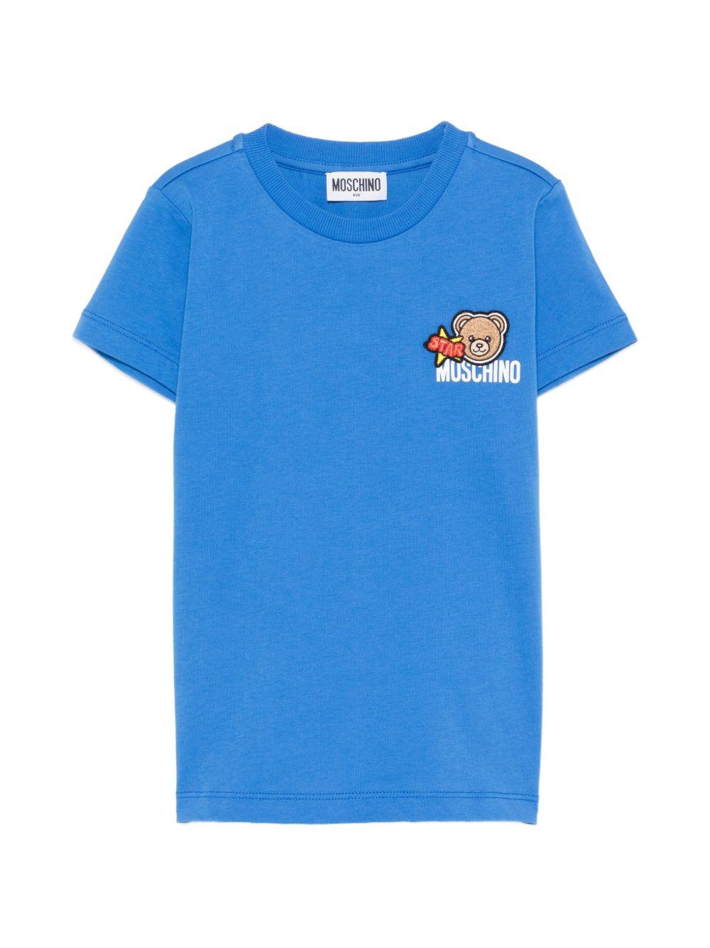 T-shirt per bambini Moschino Kids azzurra con ricamo Teddy Bear HTM058LAA24 40630 MOSCHINO KIDS