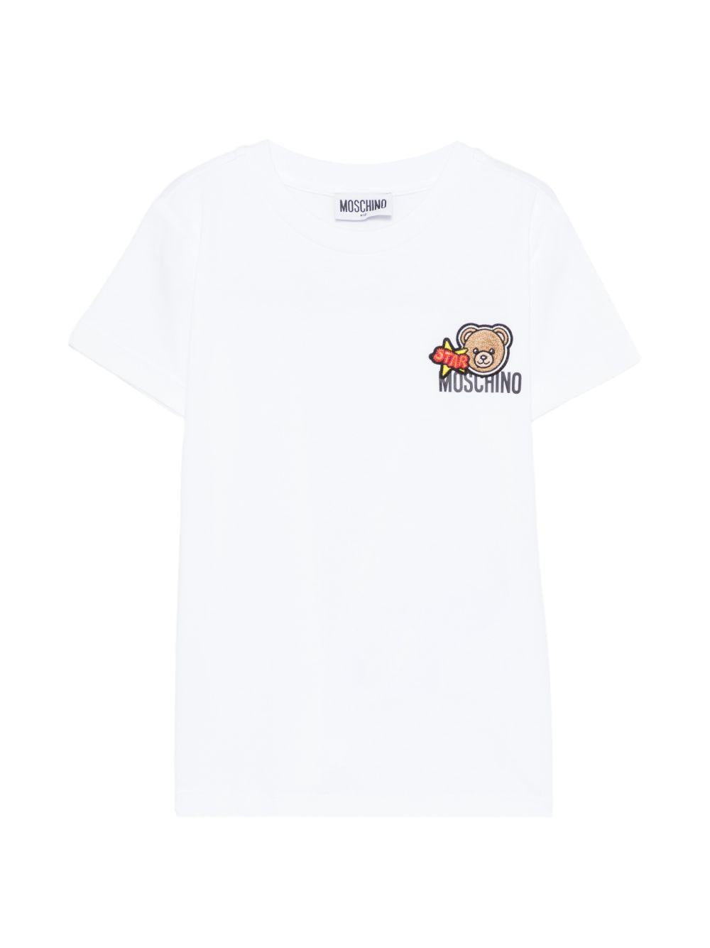T-shirt per bambini Moschino Kids bianca con ricamo Teddy Bear HTM058LAA24 10101 MOSCHINO KIDS