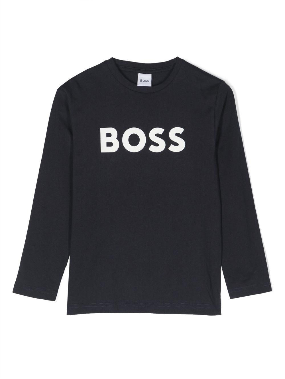 T-shirt per bambino Boss Kids blu con stampa logo sul davanti J25P25 849 BOSS KIDS