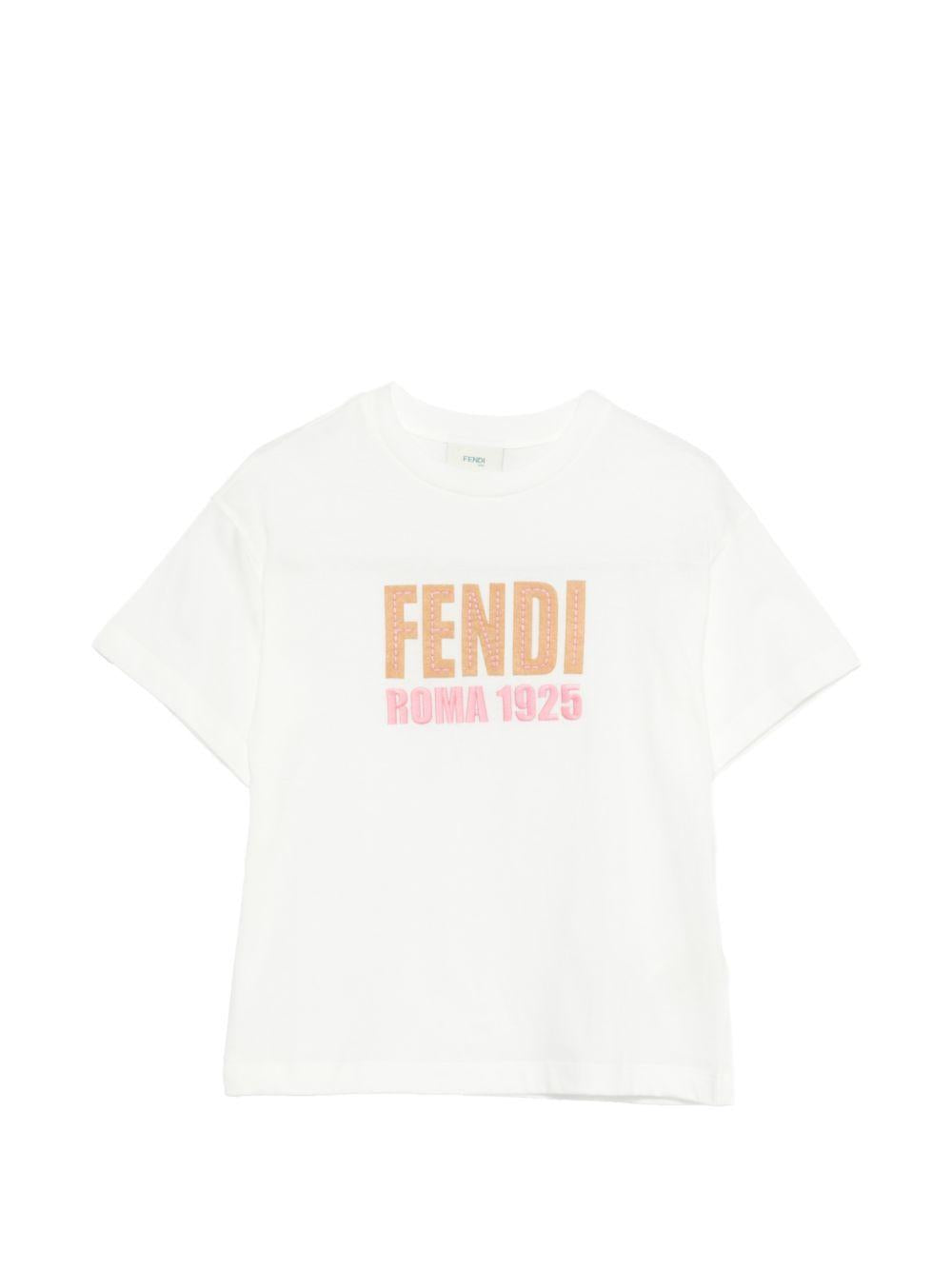T-shirt per bambina Fendi Kids bianca con logo ricamato JUI204 7AJ F0TU9 FENDI KIDS