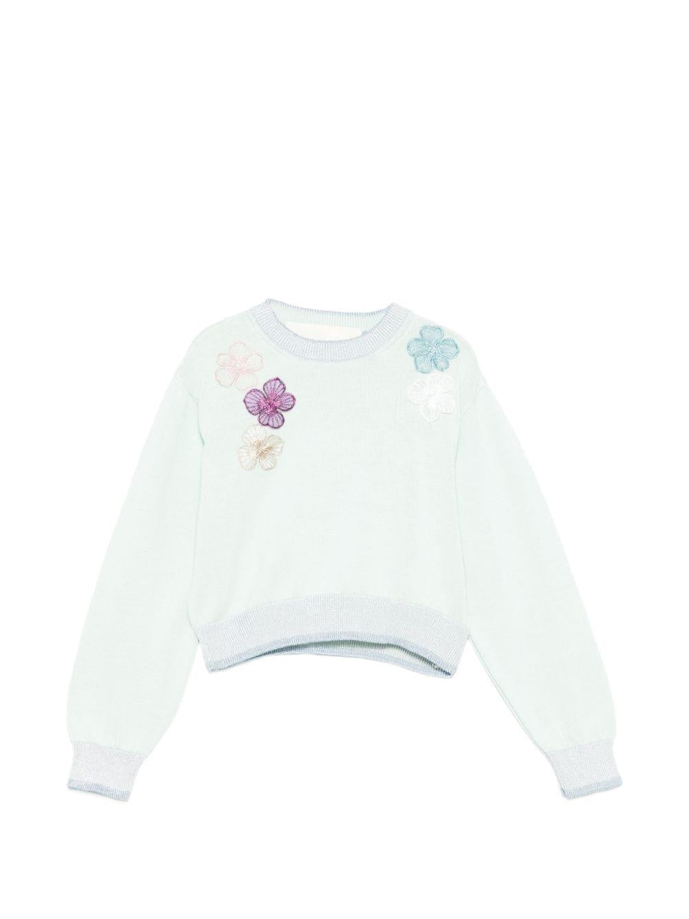 Maglione per bambina Simonetta azzurro con applicazioni floreali SY9A20 X0018 700 SIMONETTA