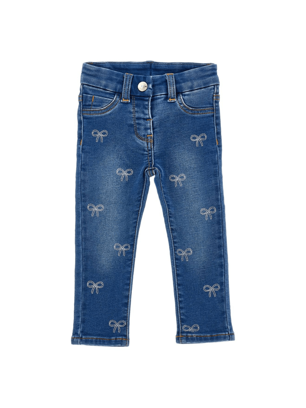 Jeans dritti per neonata Monnalisa in denim con stampa con fiocco - Rubino Kids