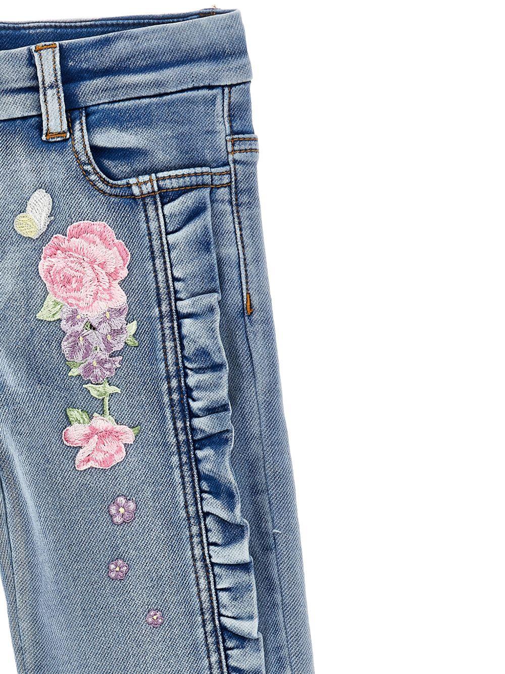 Jeans per bambina Monnalisa in denim con ricamo a fiori - Rubino Kids