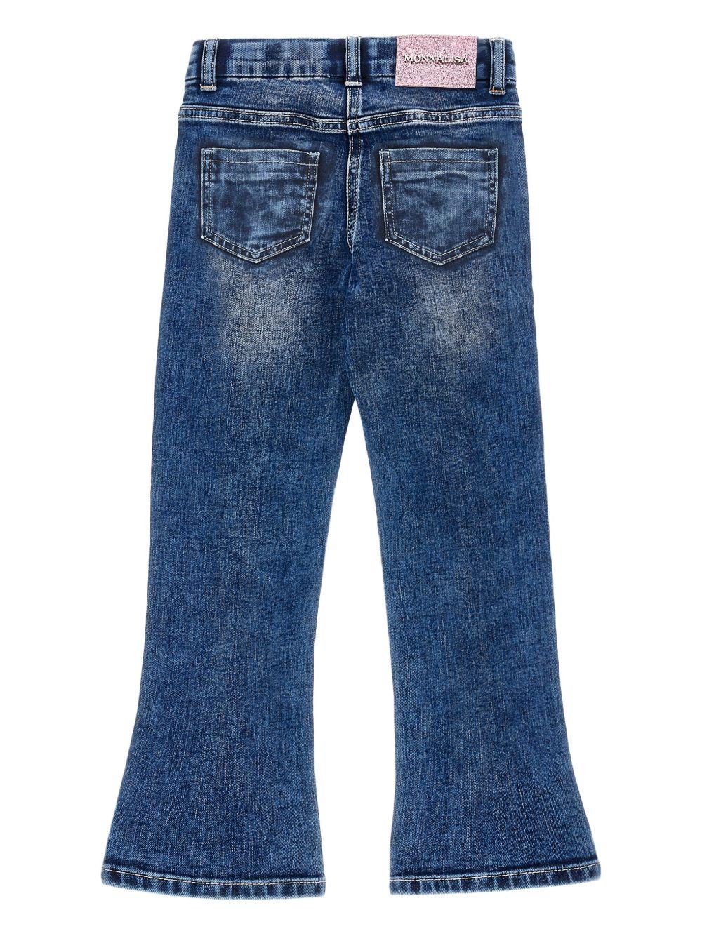 Jeans per bambina Monnalisa in denim modello svasati con decorazione - Rubino Kids