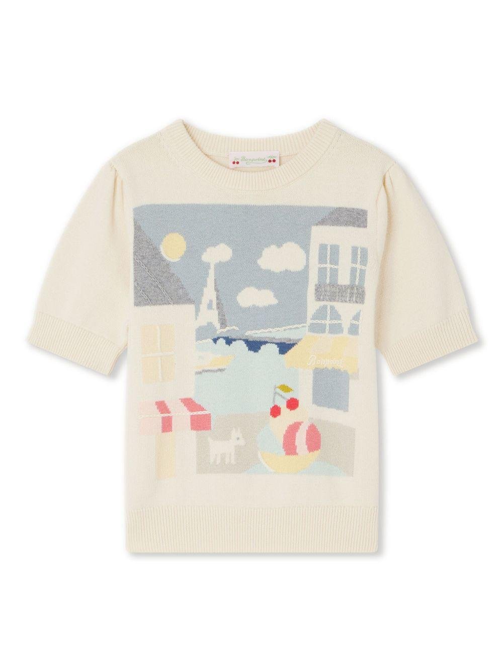 Maglione a maniche corte Elvira per bambina Bonpoint beige con scollo rotondo - Rubino Kids