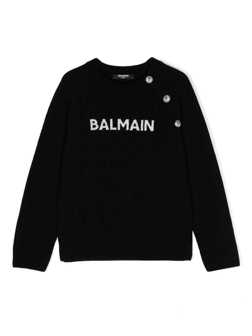 Maglione lavorato a maglia con logo jacquard per bambina Balmain Kids nero con girocollo - Rubino Kids