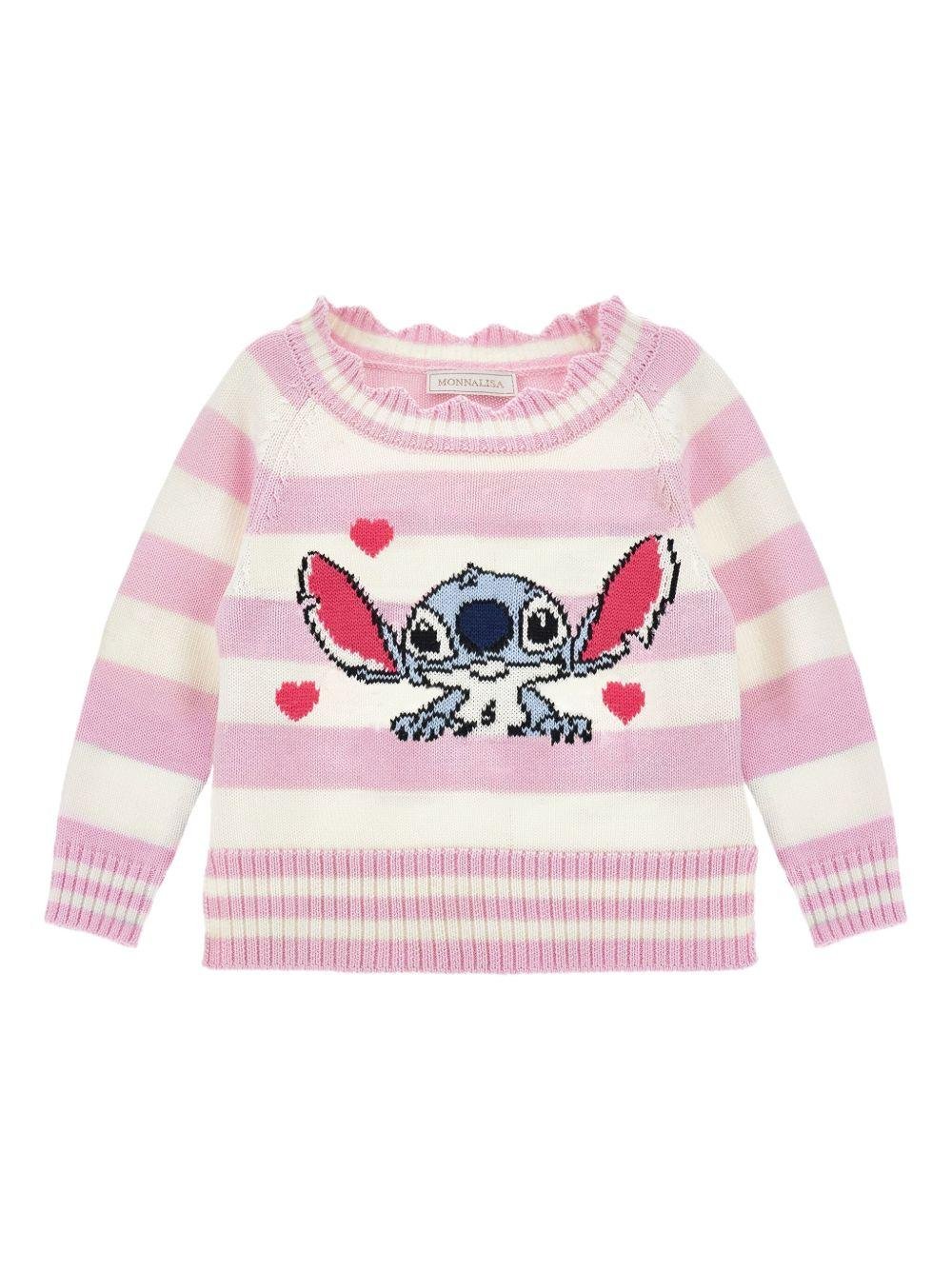 Maglione per bambina Disney x Monnalisa rosa a righe con ruches e ricamo Stitch - Rubino Kids