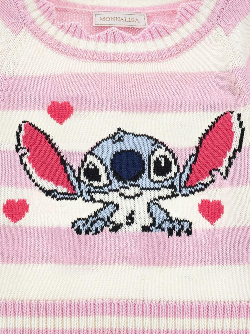 Maglione per bambina Disney x Monnalisa rosa a righe con ruches e ricamo Stitch - Rubino Kids