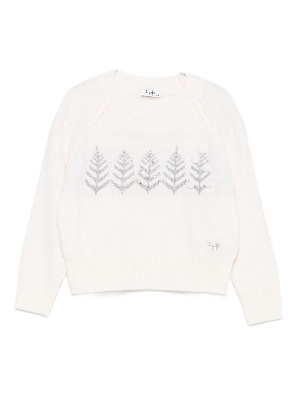 Maglione per bambina Il Gufo bianco con ricamo foglie sul davanti - Rubino Kids