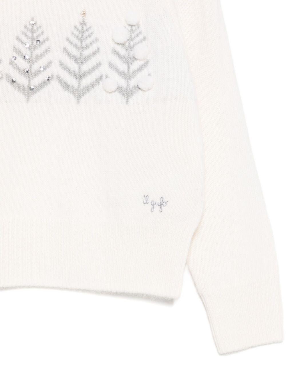 Maglione per bambina Il Gufo bianco con ricamo foglie sul davanti - Rubino Kids