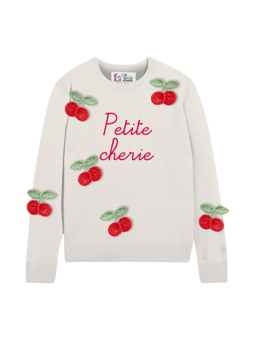 Maglione per bambina MC2 Saint Barth Kids bianco con scritta centrale ricamata "Petite chérie" - Rubino Kids