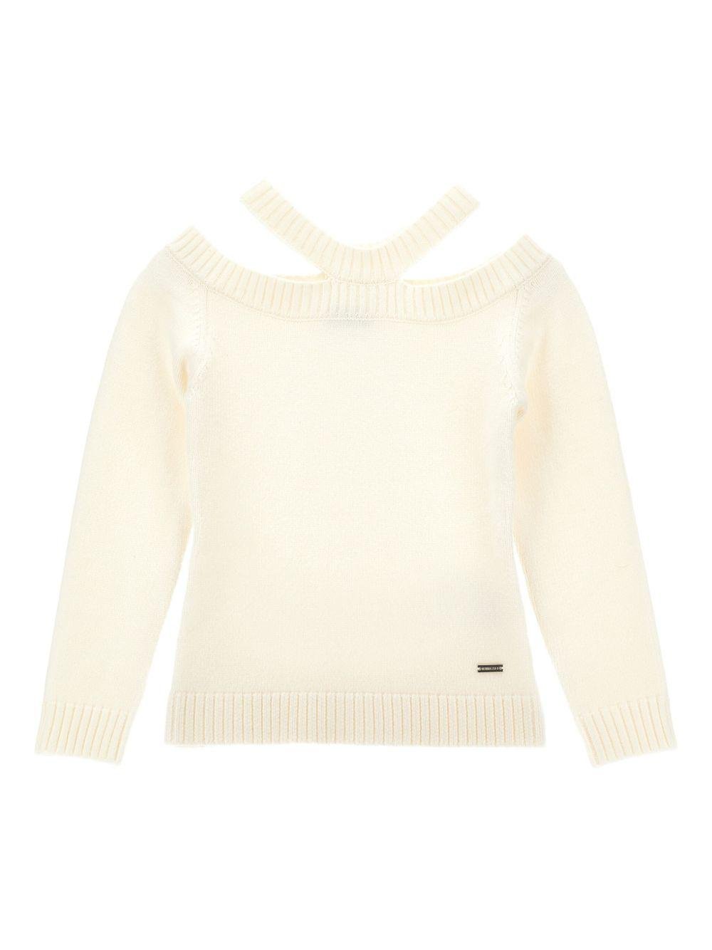 Maglione per bambina Monnalisa beige con scollo all'americana - Rubino Kids