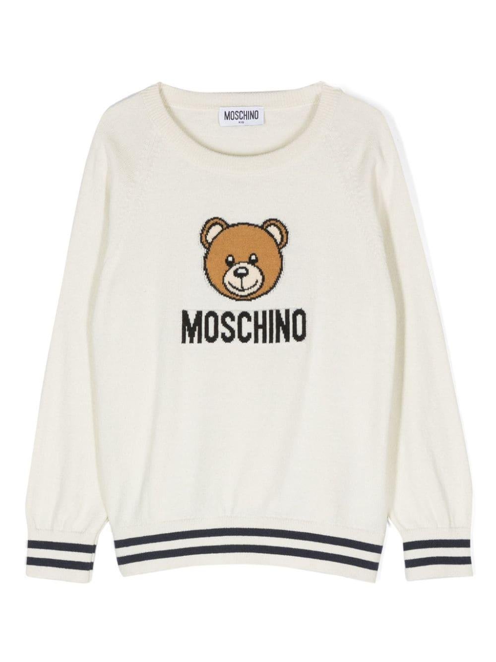 Maglione per bambina Moschino Kids bianco con logo intarsiato e ricamo Teddy Bear - Rubino Kids