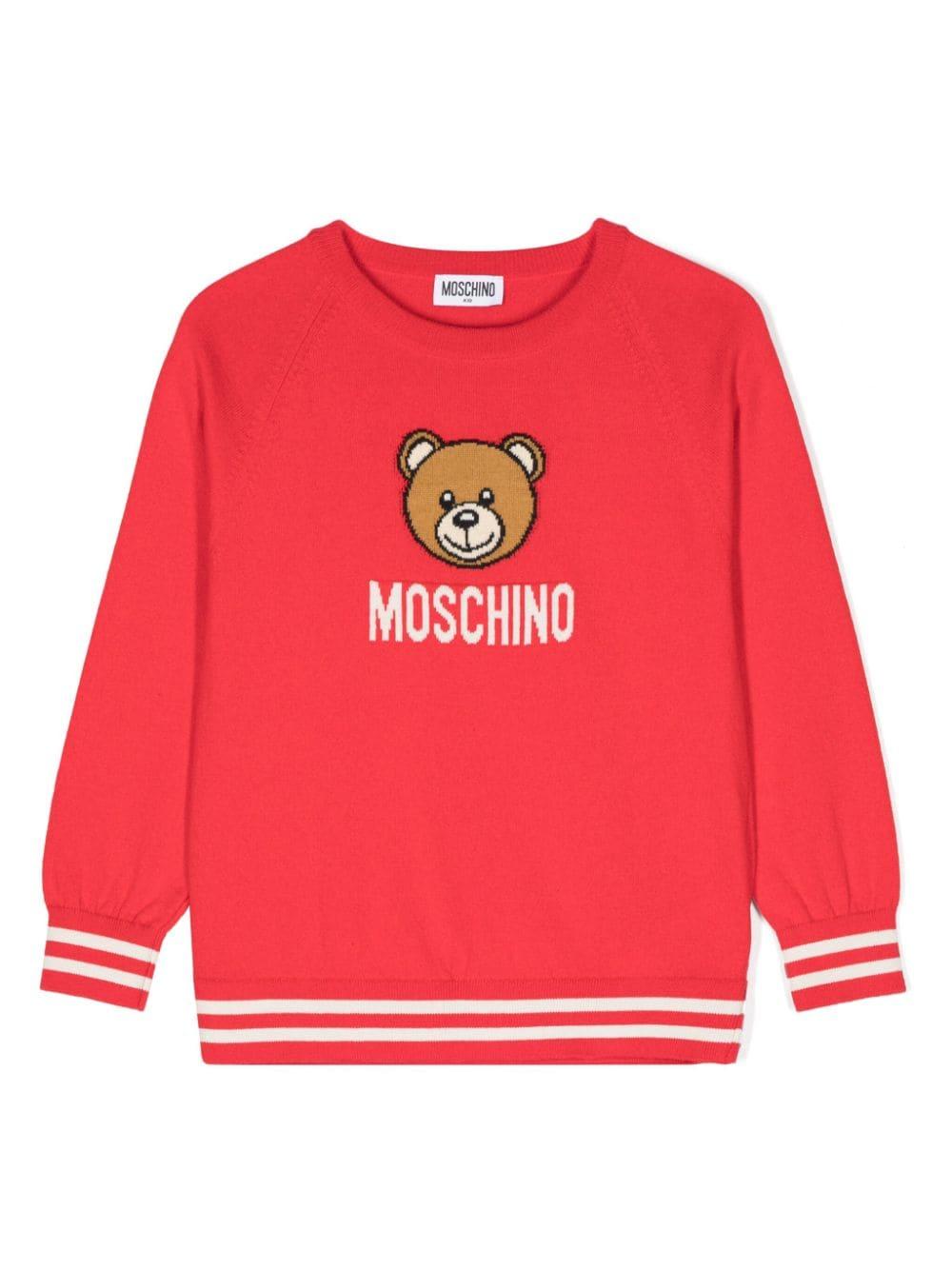 Maglione per bambina Moschino Kids rosso con logo intarsiato e ricamo Teddy Bear - Rubino Kids