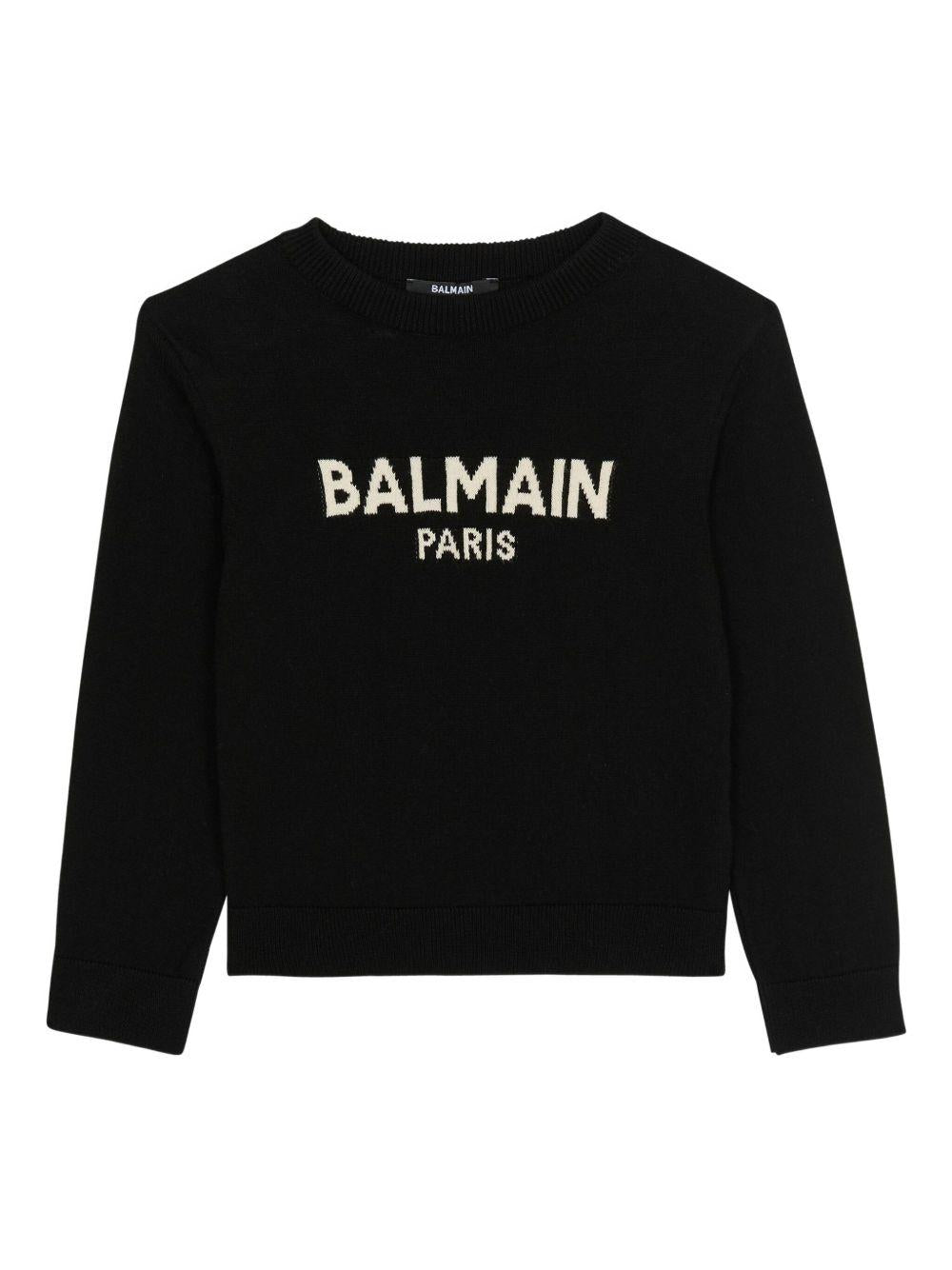 Maglione per bambino Balmain Kids nero con logo a intarsio e girocollo - Rubino Kids