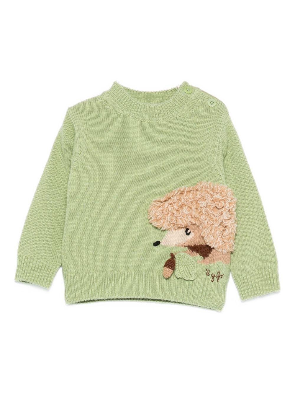 Maglione per neonati Il Gufo verde con applicazione riccio sul fianco - Rubino Kids