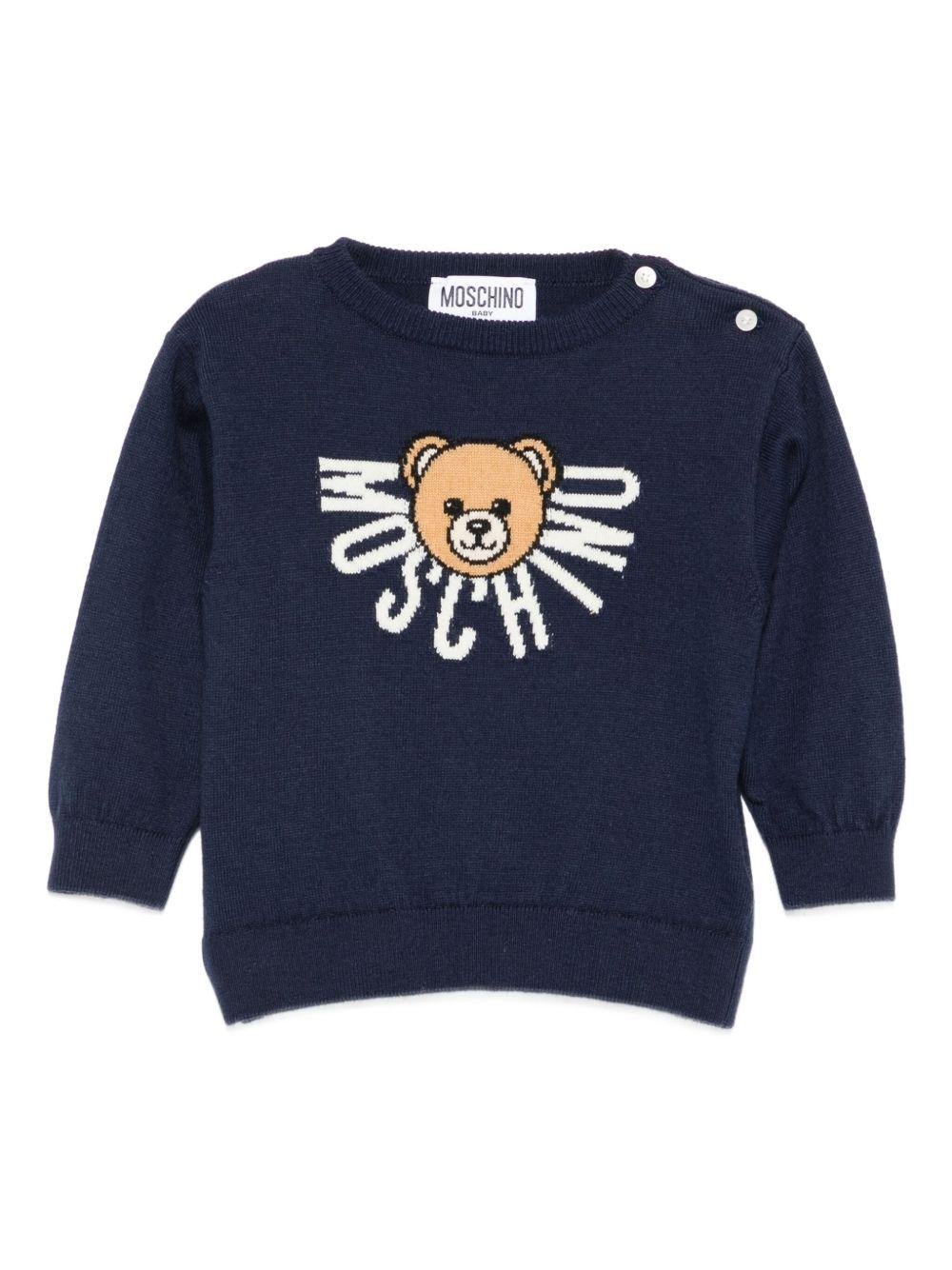 Maglione per neonati Moschino Kids blu con stampa Teddy Bear e logo - Rubino Kids