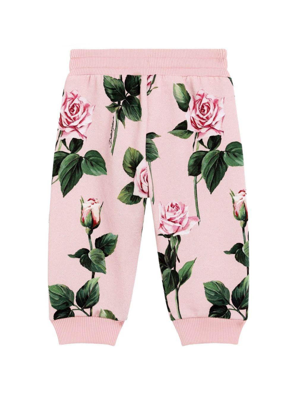 Pantaloni a fiori per neonata Dolce & Gabbana Kids rosa con orli a coste - Rubino Kids