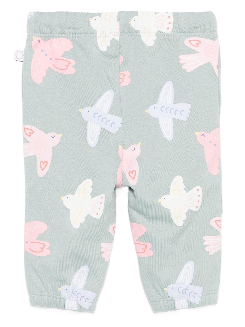 Pantaloni per neonata Stella McCartney Kids verde con coulisse e stampa di uccelli - Rubino Kids