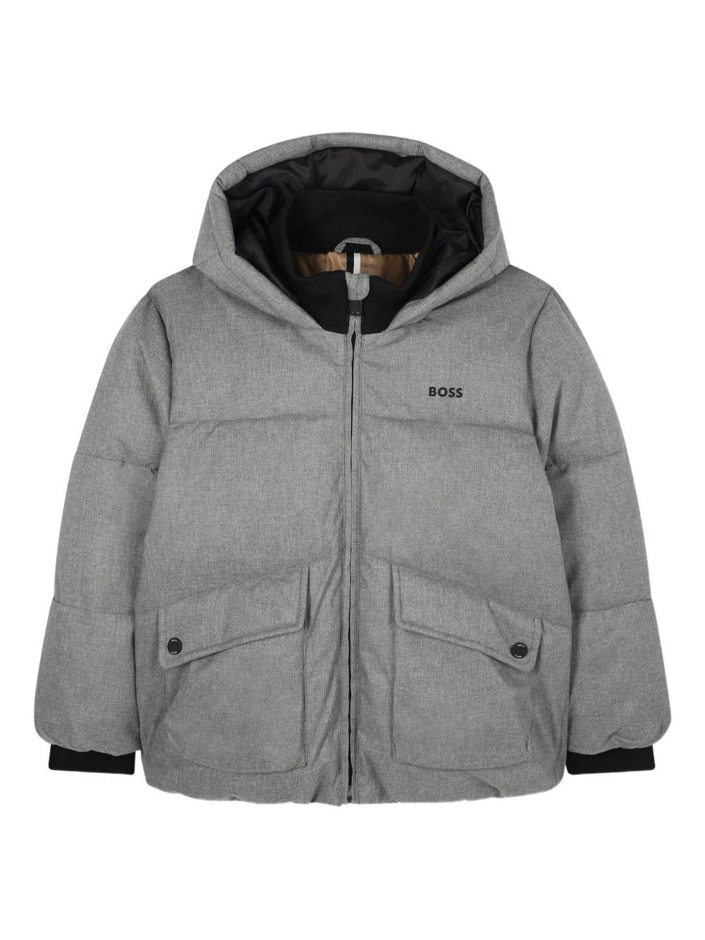 Piumino per bambino Boss Kidswear grigio con cappuccio e stampa con logo sul petto - Rubino Kids