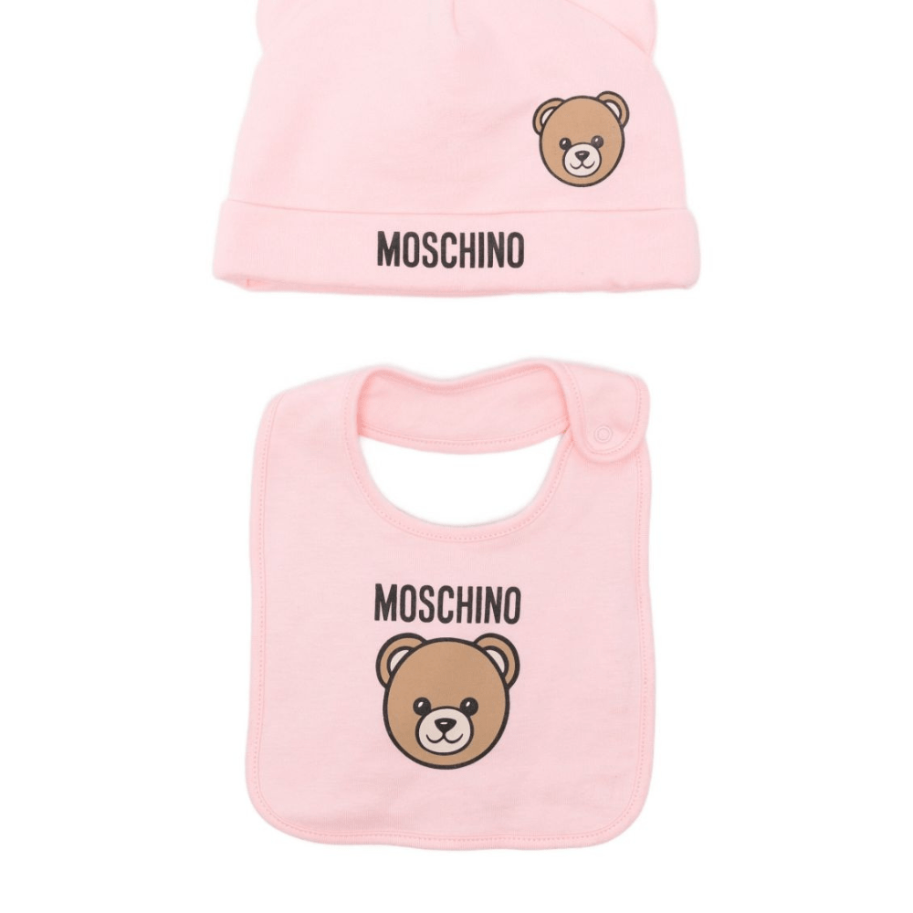 Set berretto e bavaglino per neonata Moschino Kids rosa con motivo Teddy Bear - Rubino Kids