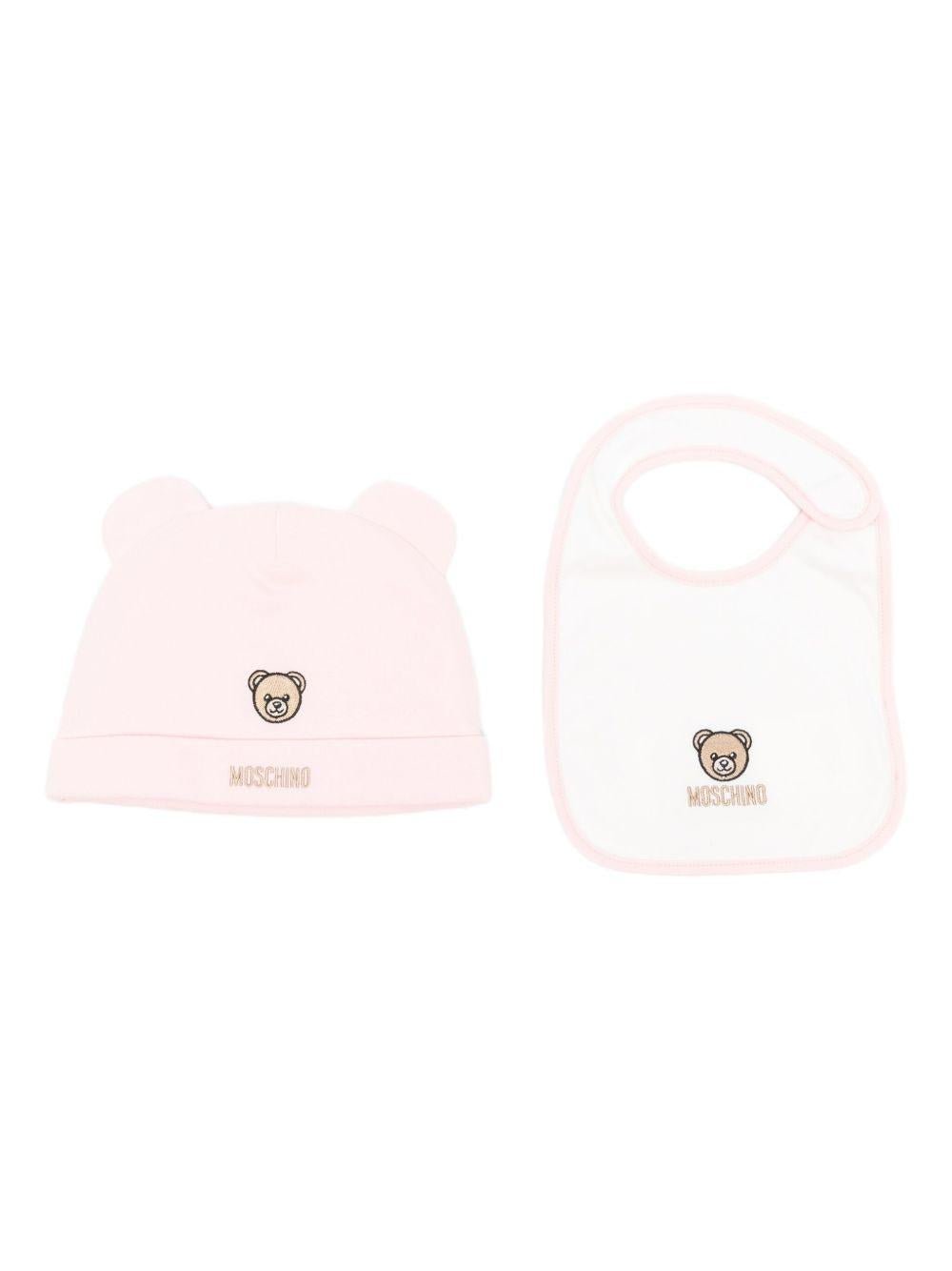 Set berretto e bavaglino per neonata Moschino Kids rosa con motivo Teddy Bear - Rubino Kids