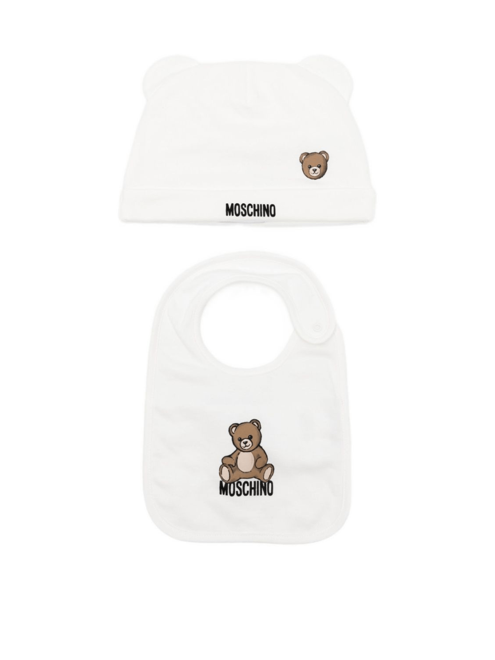Set berretto e bavaglino per neonati Moschino Kids bianco con motivo Teddy Bear - Rubino Kids
