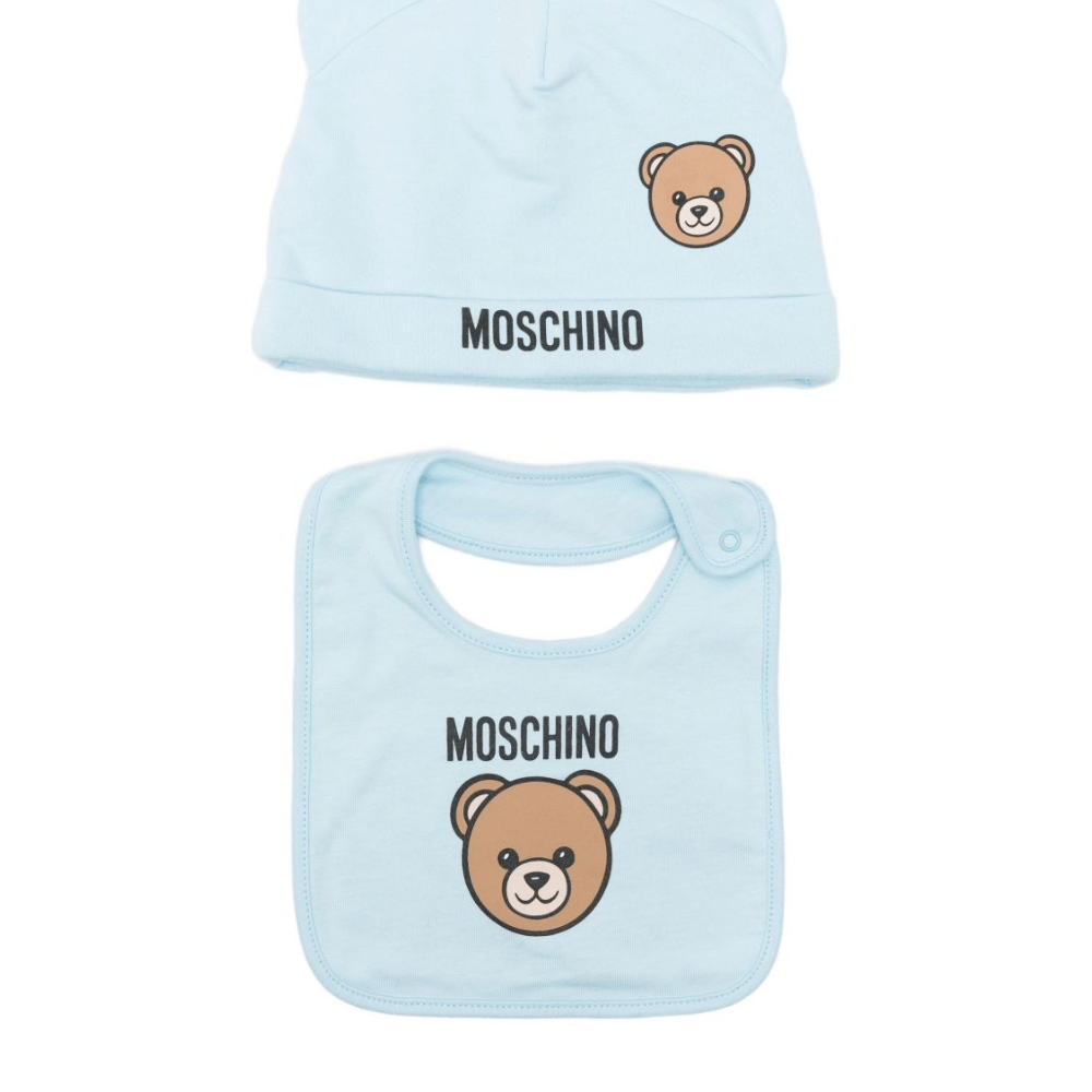 Set berretto e bavaglino per neonato Moschino Kids azzurro con motivo Teddy Bear - Rubino Kids